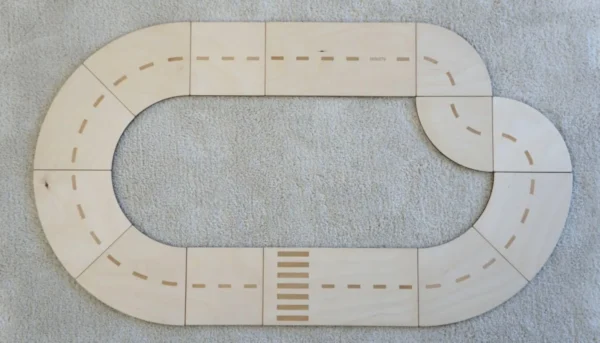 Top view image of natural plywood toy road for model cars